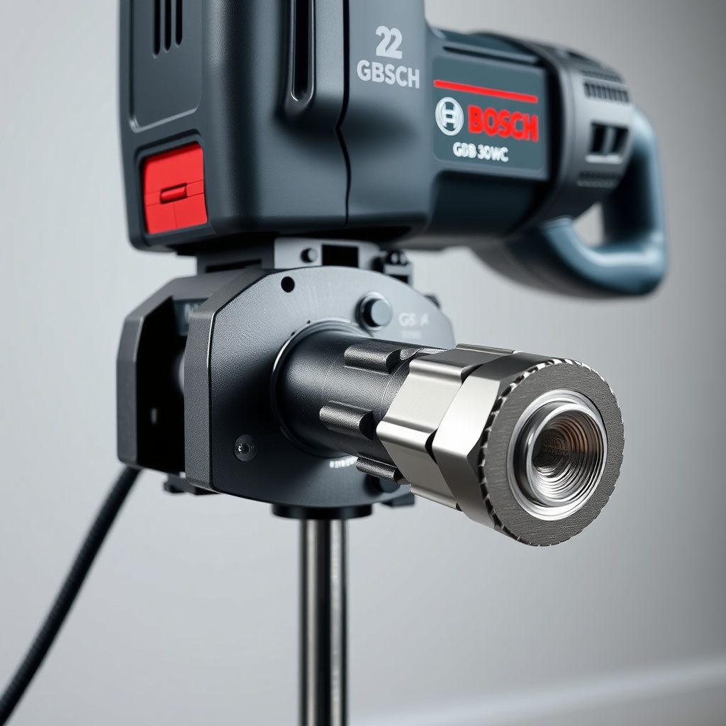 A clean photorealistic photo showing a Bosch GDB 350 WC machine mounted on a stand