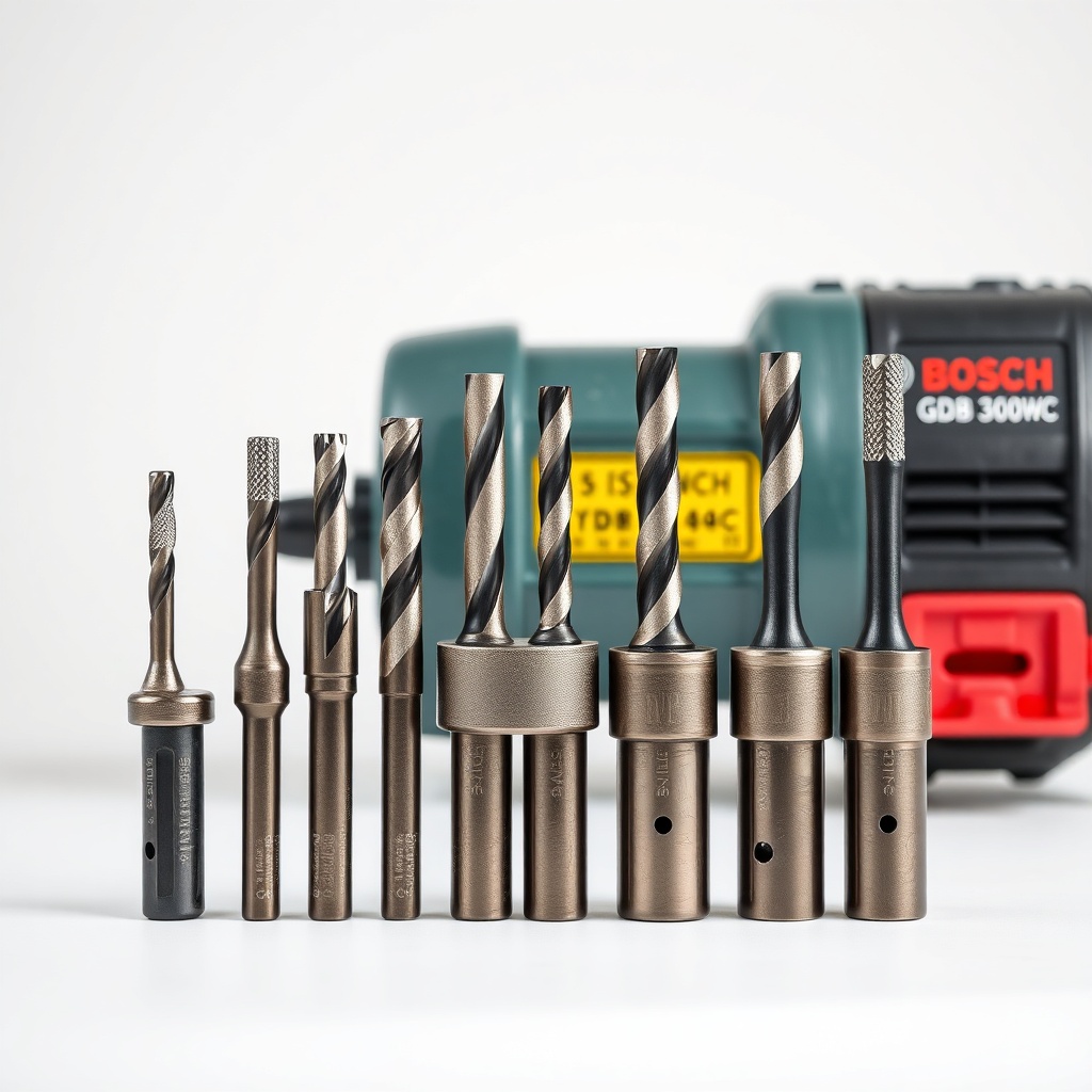 A clean photorealistic photo showing a selection of diamond core bits aligned next to a Bo