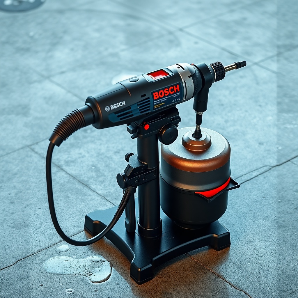 <clean photorealistic photo of Bosch GDB 350 WC mounted on drill stand with water hose att