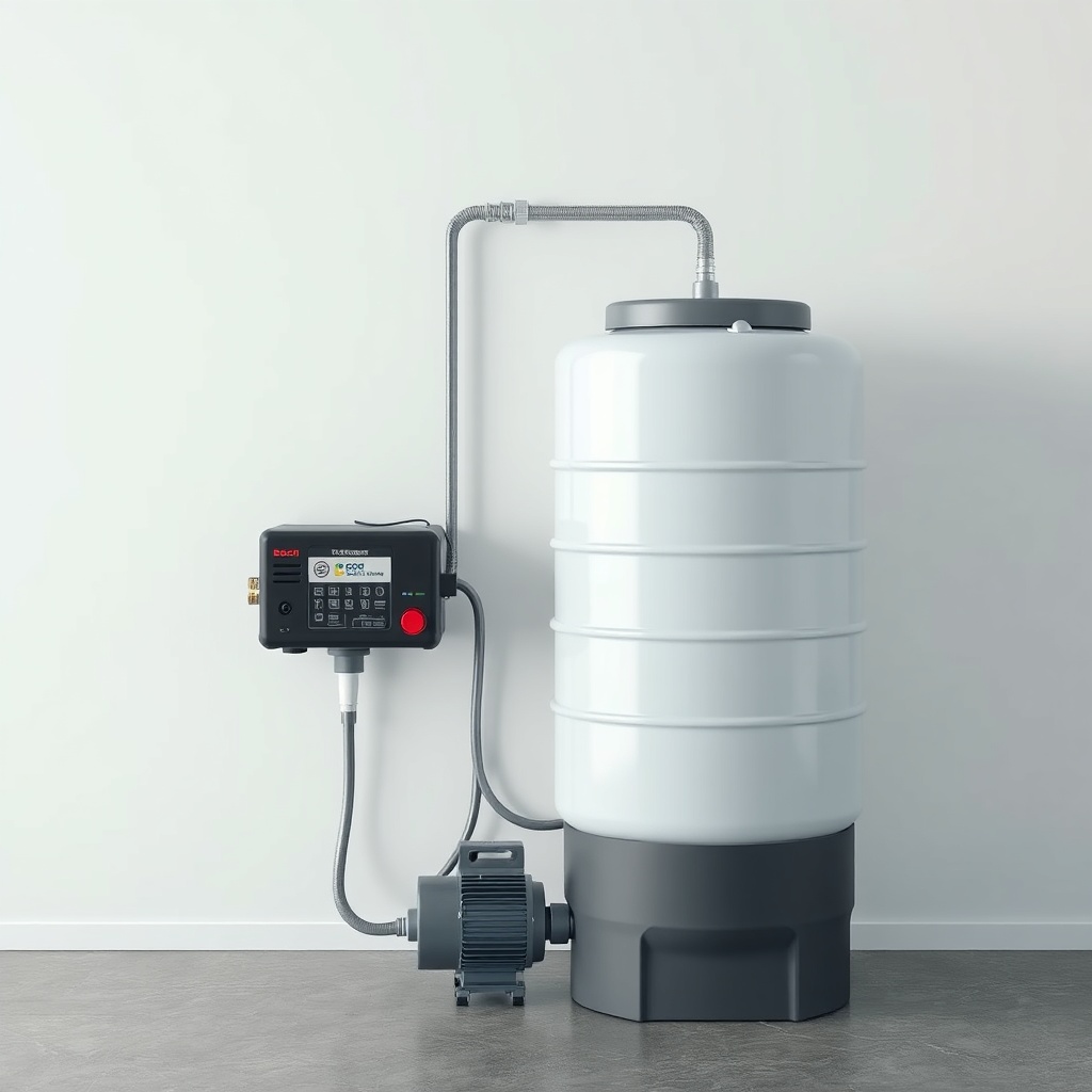 <clean photorealistic photo of closed-loop water circulation system with portable water ta