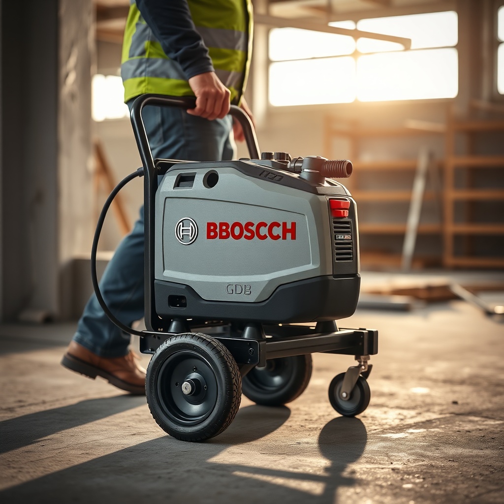 <clean photorealistic photo of a Bosch GDB 350 WC mounted on a wheeled transport stand bei