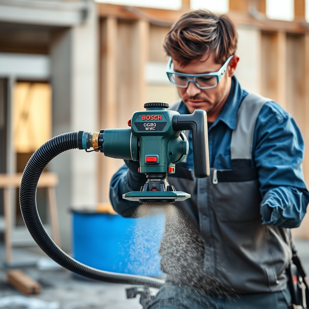 <clean photorealistic photo of a Bosch GDB 350 WC in use with water connection and dust ex