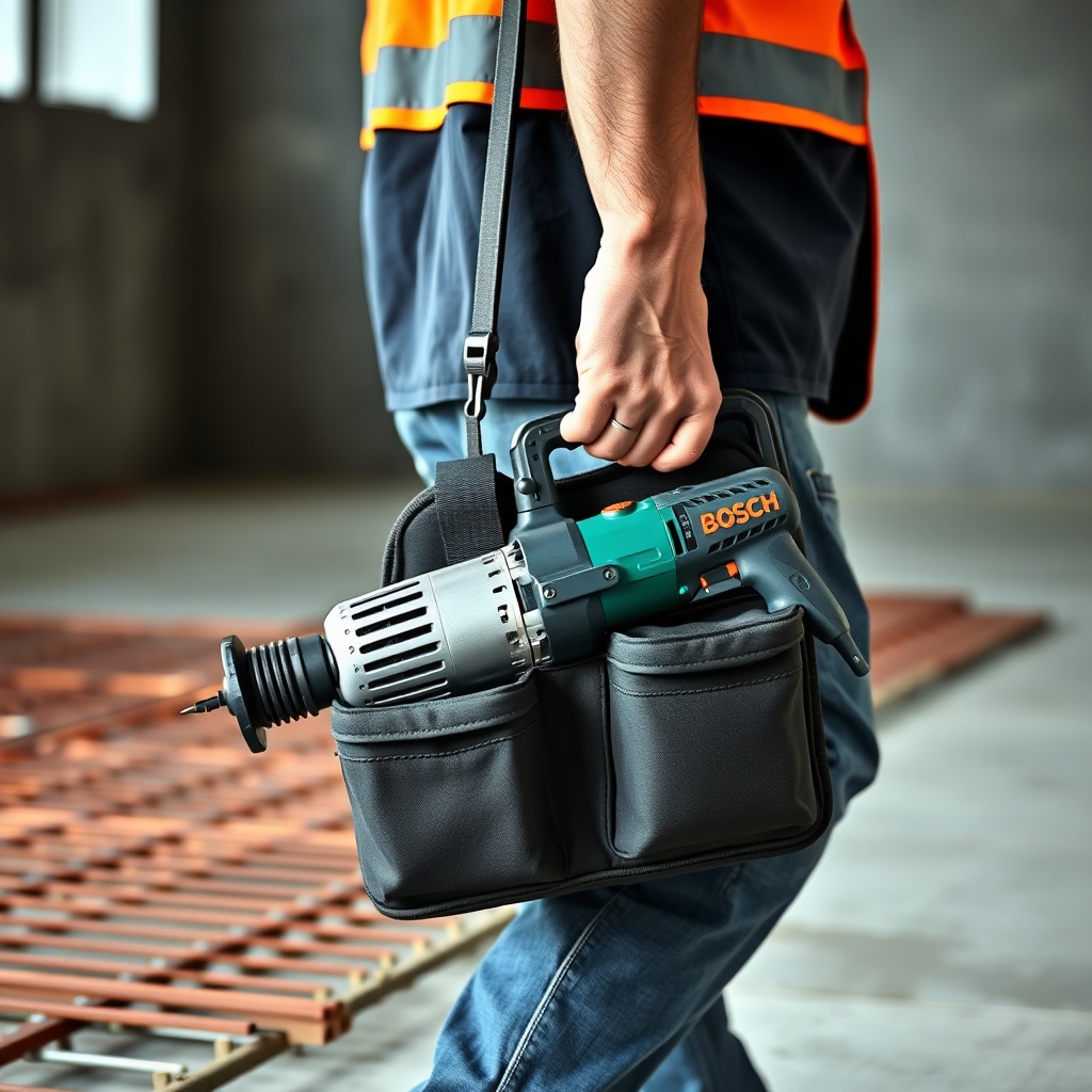 A professional construction worker carrying a Bosch GDB 350 WC core drill machine in a pad