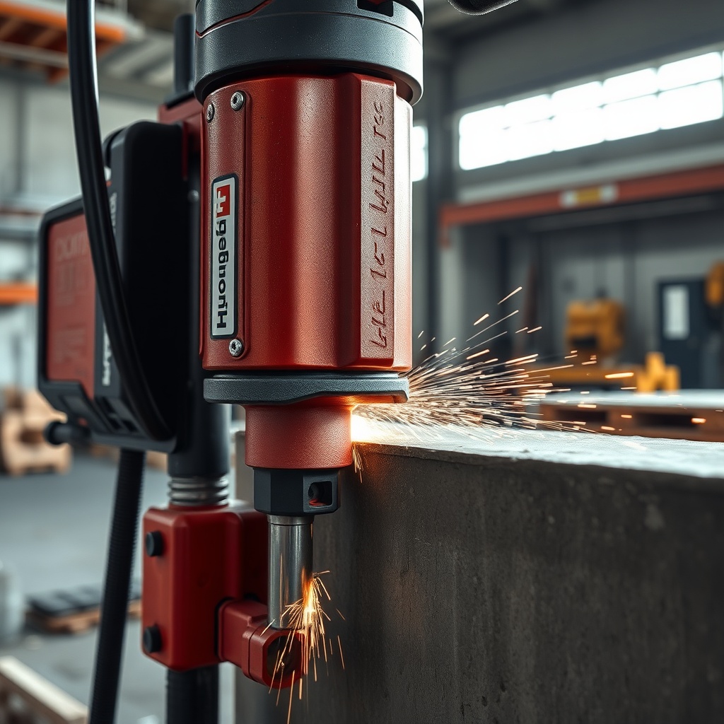 A photorealistic close-up of a Hilti DD 150-U diamond core drill mounted on a rig