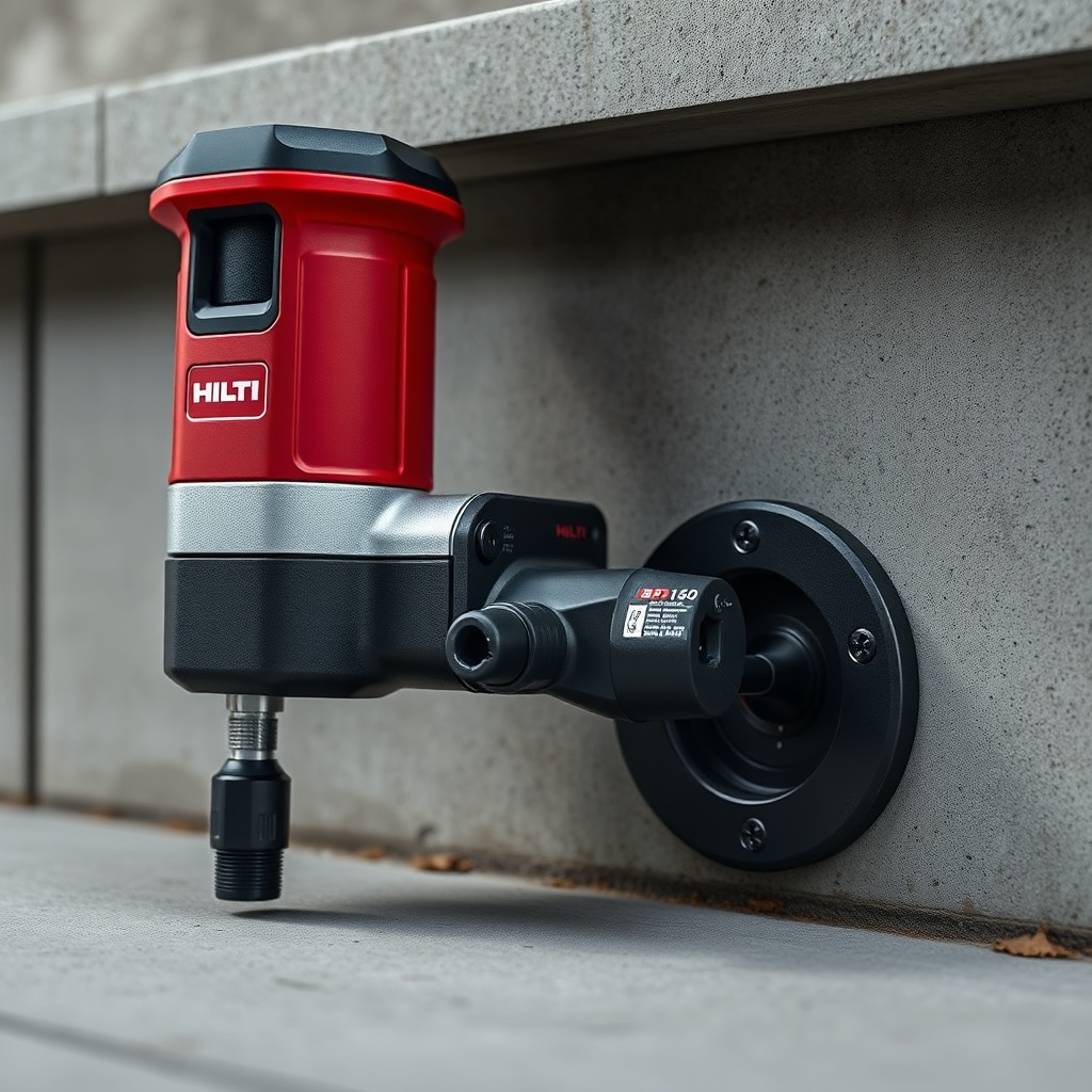 <clean photorealistic photo of Hilti DD 150-U with elmas uç mounted on a concrete surface