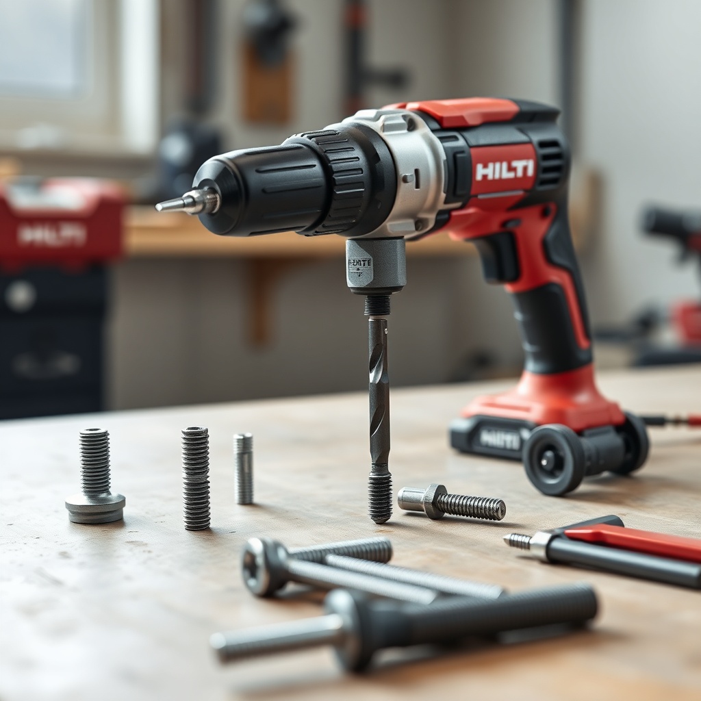 <clean photorealistic photo of Hilti DD 150-U with a close-up of a life and drill bit comb